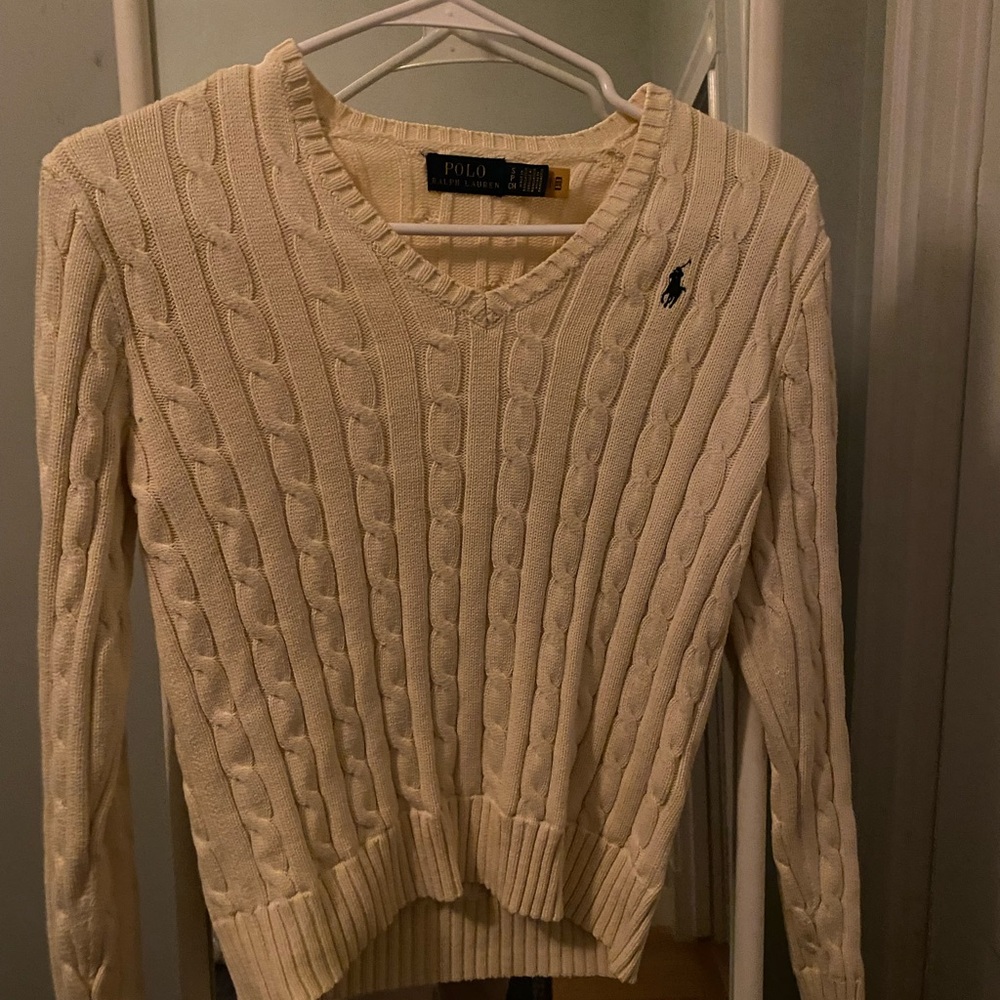 Polo by Ralph Lauren Cream Cable-Knit V-Neck Sweater with Navy Pony - Picture 2 of 4